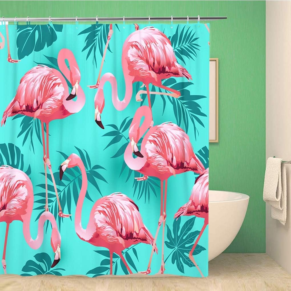 Tropical Flamingo Bird and Flower Shower Curtain with Pink Pattern - Waterproof Fabric Bathroom Curtains