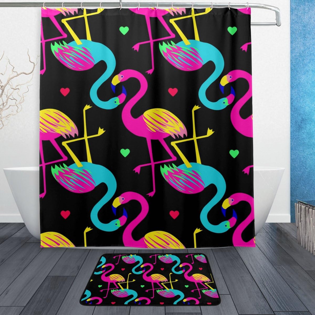 Tropical Flamingo Colorful Print Shower Curtain, Waterproof Bathroom Decor
