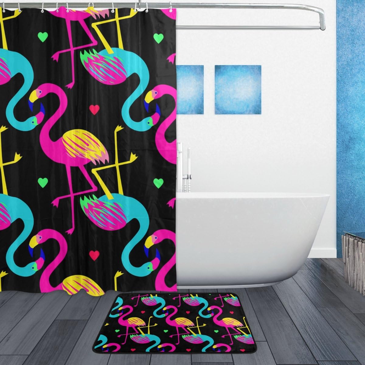 Tropical Flamingo Colorful Print Shower Curtain, Waterproof Bathroom Decor