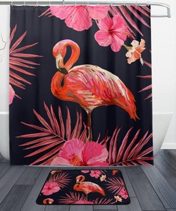 Tropical Flamingo Flower Palm Leaves Shower Curtain, Colorful Bathroom Accessory