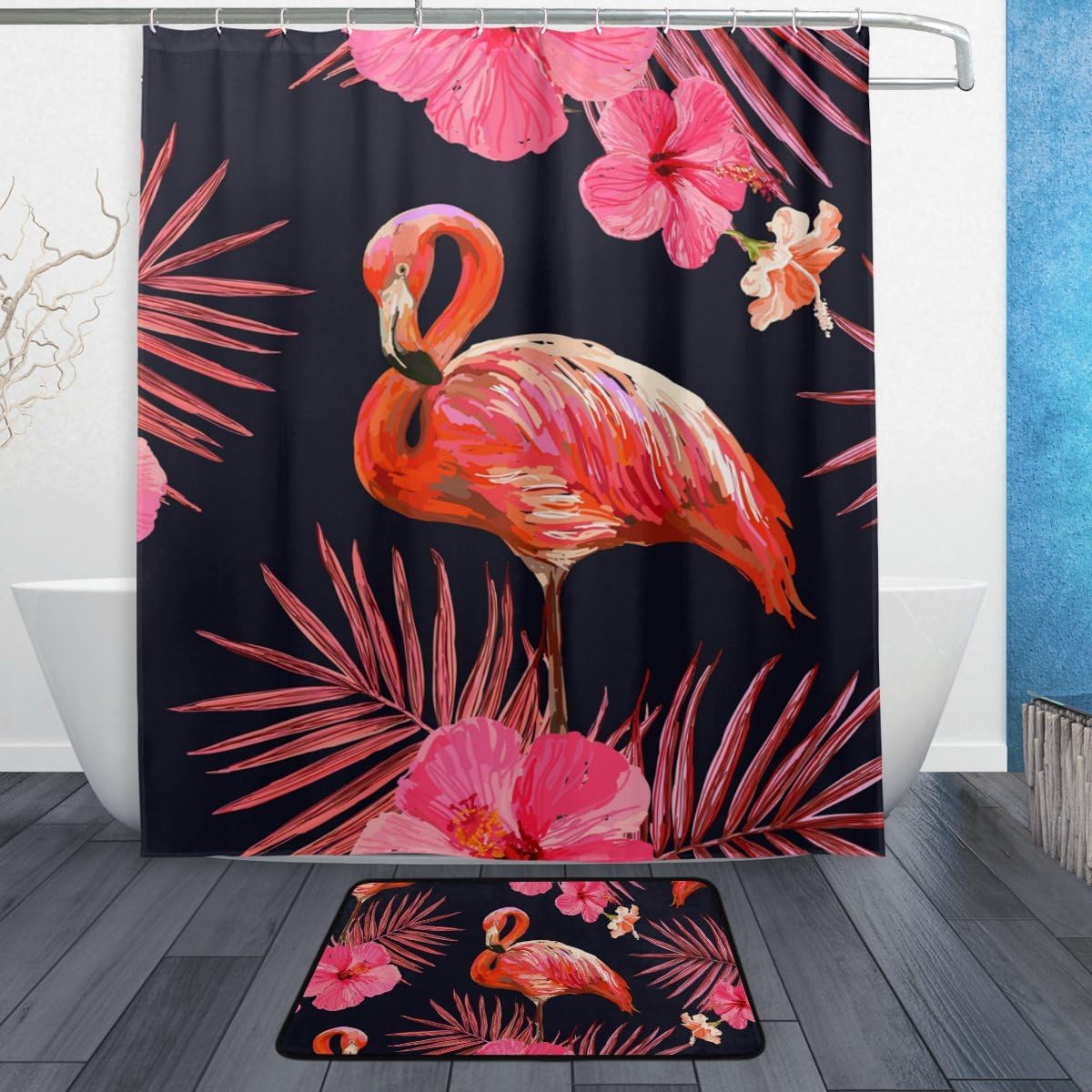 Tropical Flamingo Flower Palm Leaves Shower Curtain, Colorful Bathroom Accessory