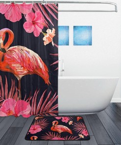 Tropical Flamingo Flower Palm Leaves Shower Curtain, Colorful Bathroom Accessory