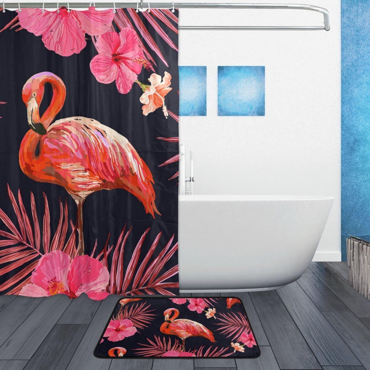 Tropical Flamingo Flower Palm Leaves Shower Curtain, Colorful Bathroom Accessory