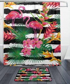 Tropical Flamingo Palm Leaves Flowers Stripe Shower Curtain Decor, Waterproof Fabric