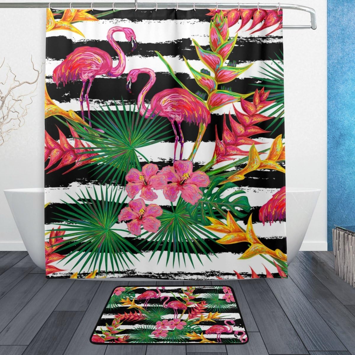 Tropical Flamingo Palm Leaves Flowers Stripe Shower Curtain Decor, Waterproof Fabric