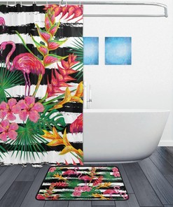 Tropical Flamingo Palm Leaves Flowers Stripe Shower Curtain Decor, Waterproof Fabric