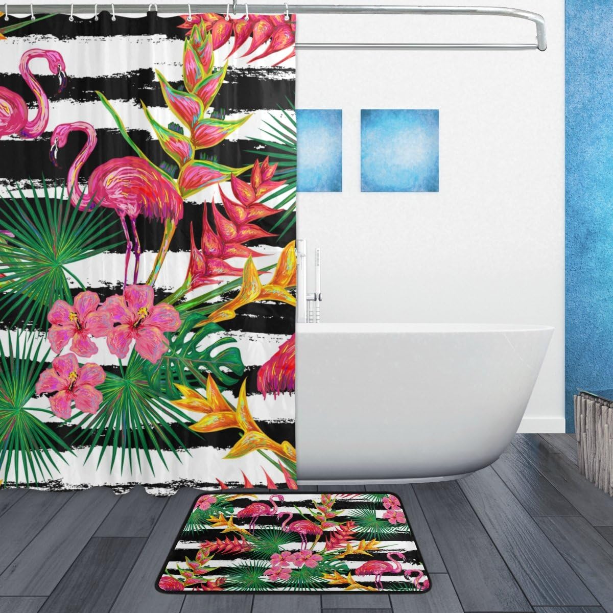 Tropical Flamingo Palm Leaves Flowers Stripe Shower Curtain Decor, Waterproof Fabric