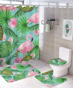 Tropical Flamingo Palm Leaves Shower Curtain, Waterproof Bathroom Decor by Vantaso