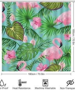 Tropical Flamingo Palm Leaves Shower Curtain, Waterproof Bathroom Decor by Vantaso