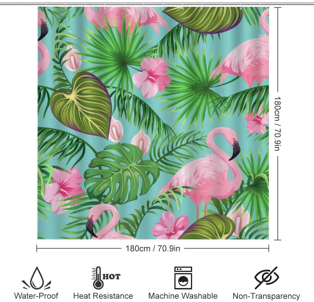 Tropical Flamingo Palm Leaves Shower Curtain, Waterproof Bathroom Decor by Vantaso