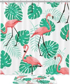 Tropical Flamingo Pattern Print Shower Curtain For Bathroom Tub Set
