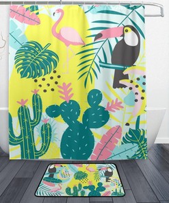 Tropical Flamingo Toucan Cactus Shower Curtain, Waterproof Bathroom Decor