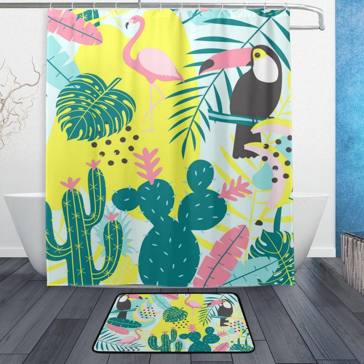 Tropical Flamingo Toucan Cactus Shower Curtain, Waterproof Bathroom Decor