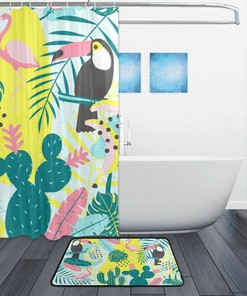 Tropical Flamingo Toucan Cactus Shower Curtain, Waterproof Bathroom Decor