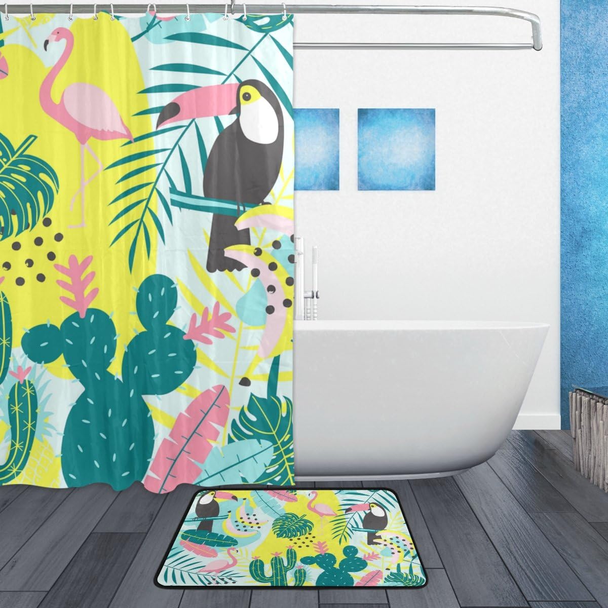 Tropical Flamingo Toucan Cactus Shower Curtain, Waterproof Bathroom Decor