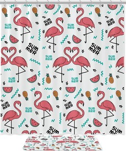 Tropical Flamingo and Fruits Shower Curtain for Summer Bathroom