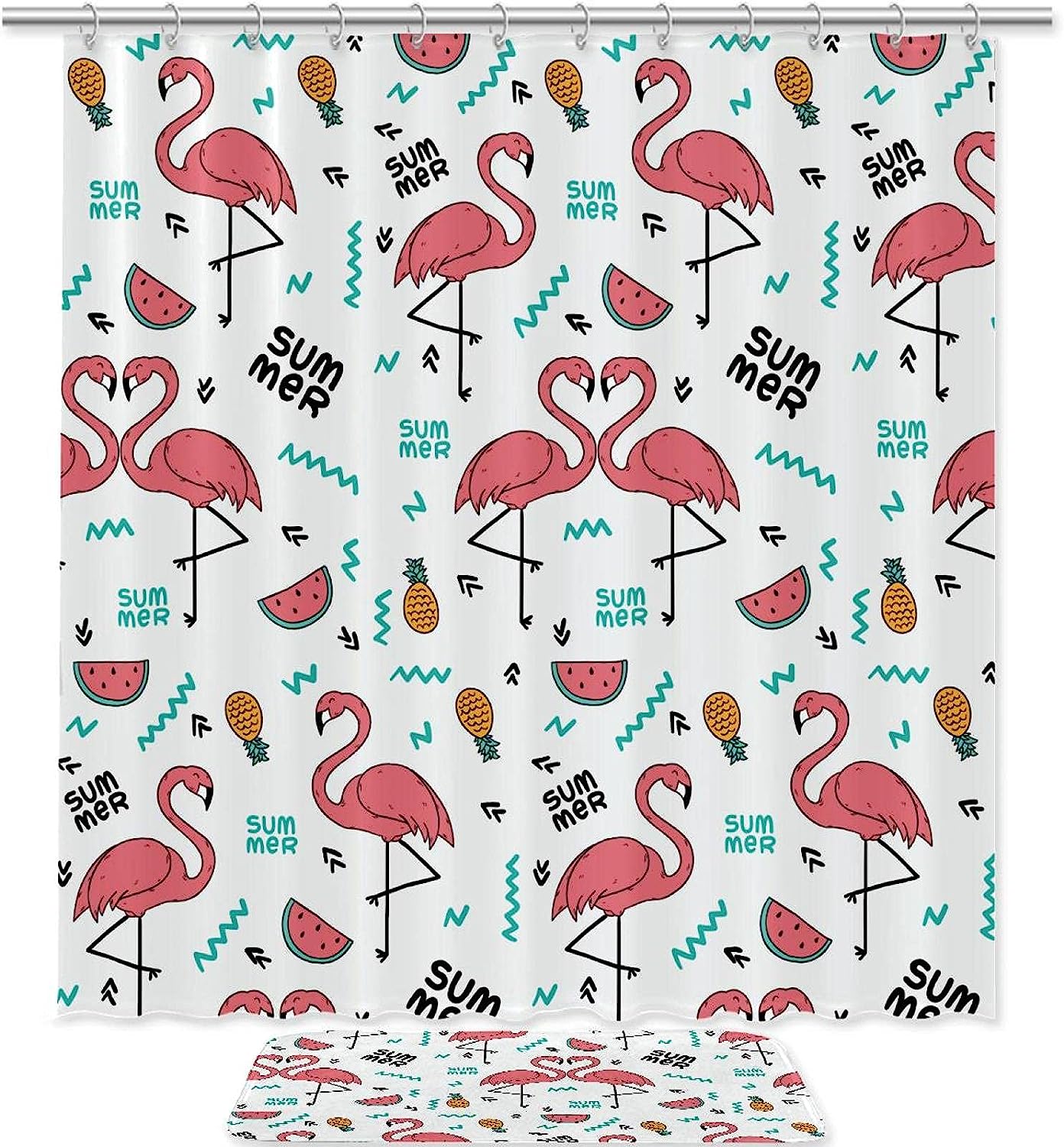 Tropical Flamingo and Fruits Shower Curtain for Summer Bathroom