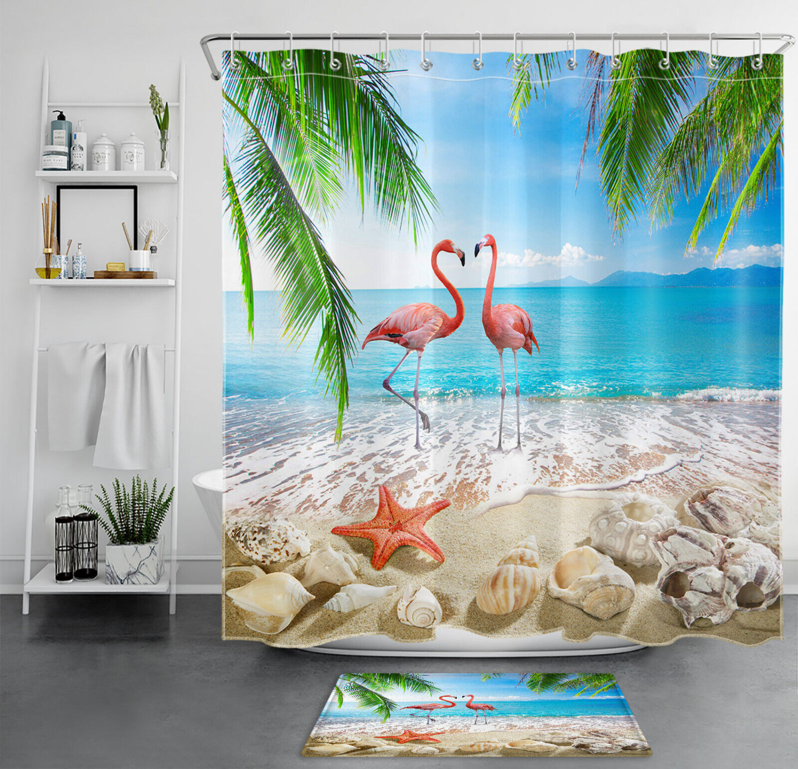 Tropical Flamingo and Seashell Beach Shower Curtain for Bathroom Decor