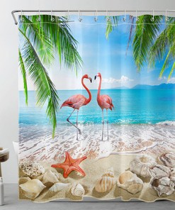 Tropical Flamingo and Seashell Beach Shower Curtain for Bathroom Decor