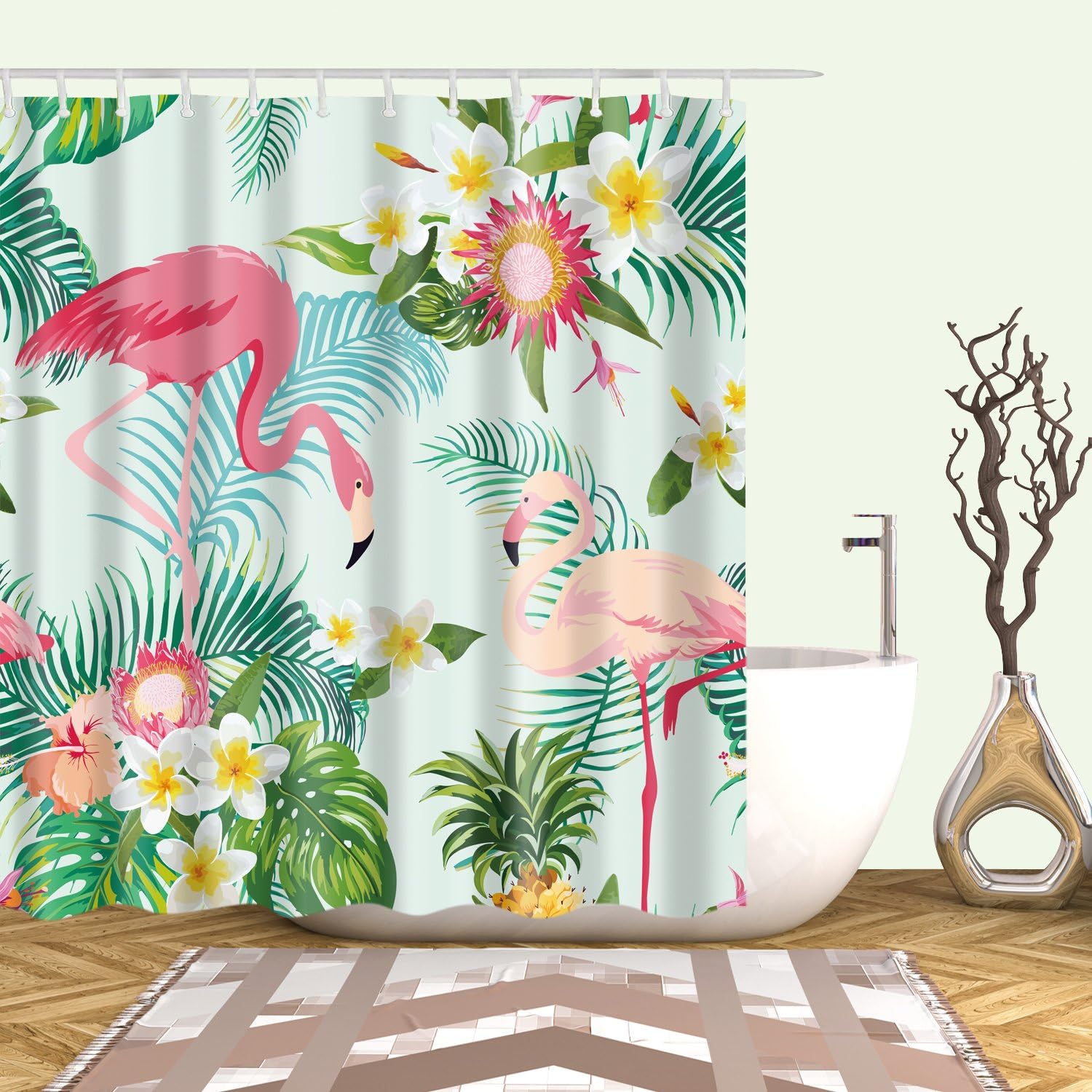 Tropical Flamingos And Plant Pattern Garden Theme Shower Curtain Waterproof - Image 2
