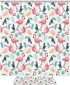 Tropical Flamingos, Toucans, And Palm Leaves Shower Curtain - Perfect For Bathroom And Shower