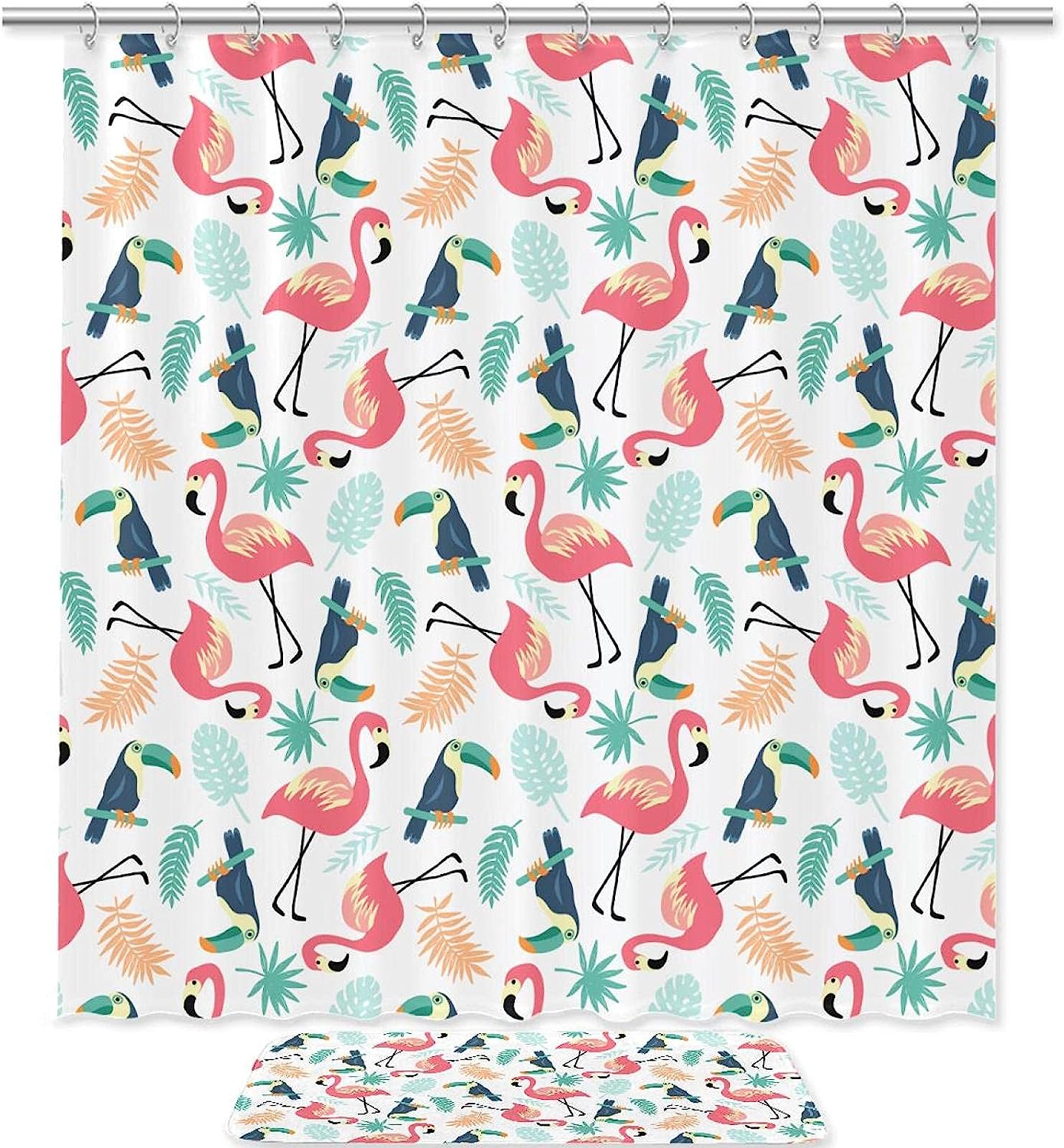 Tropical Flamingos, Toucans, And Palm Leaves Shower Curtain - Perfect For Bathroom And Shower
