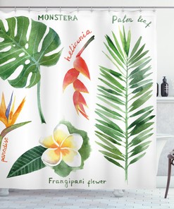 Tropical Flora Print Shower Curtain for Bathroom with Plant Print