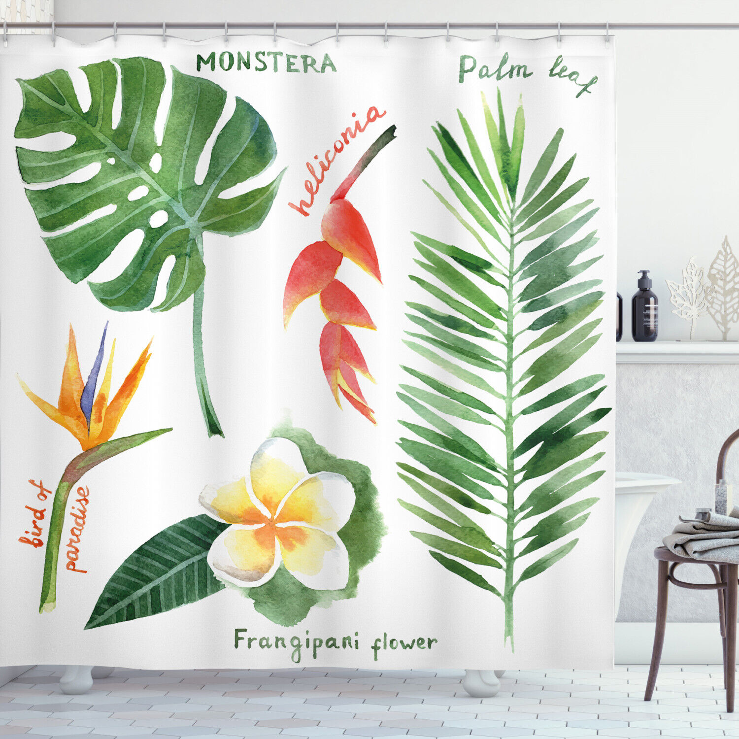 Tropical Flora Print Shower Curtain for Bathroom with Plant Print