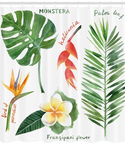 Tropical Flora Print Shower Curtain for Bathroom with Plant Print