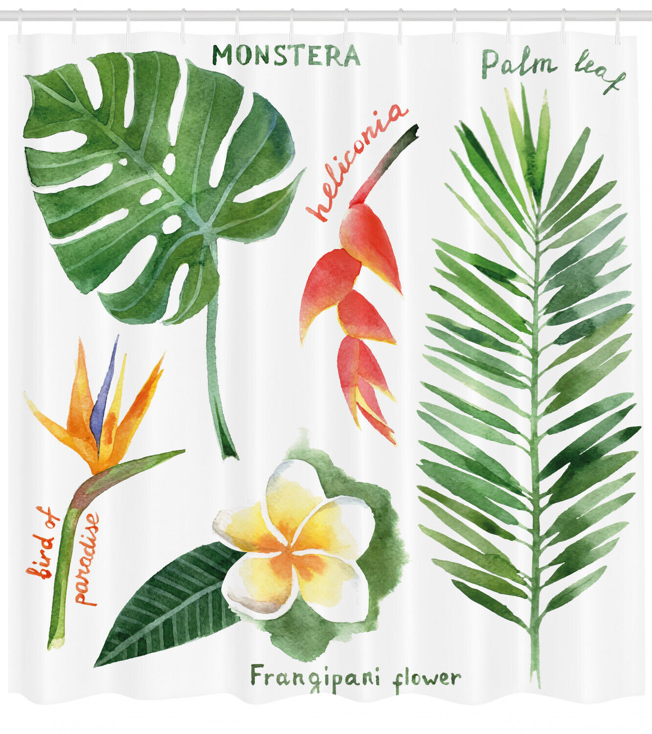 Tropical Flora Print Shower Curtain for Bathroom with Plant Print