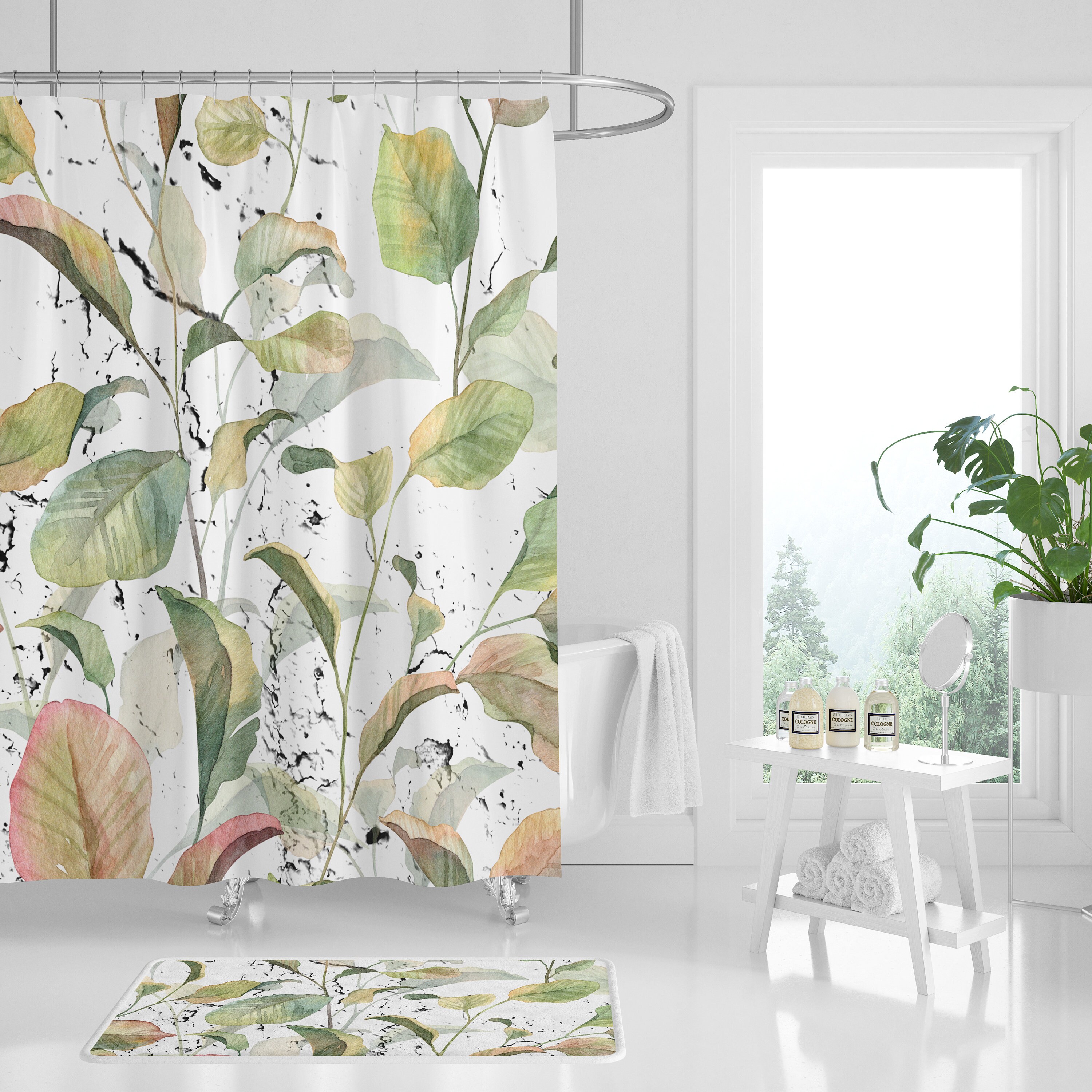 Tropical Floral Boho Shower Curtain With Sage Green And White Watercolors
