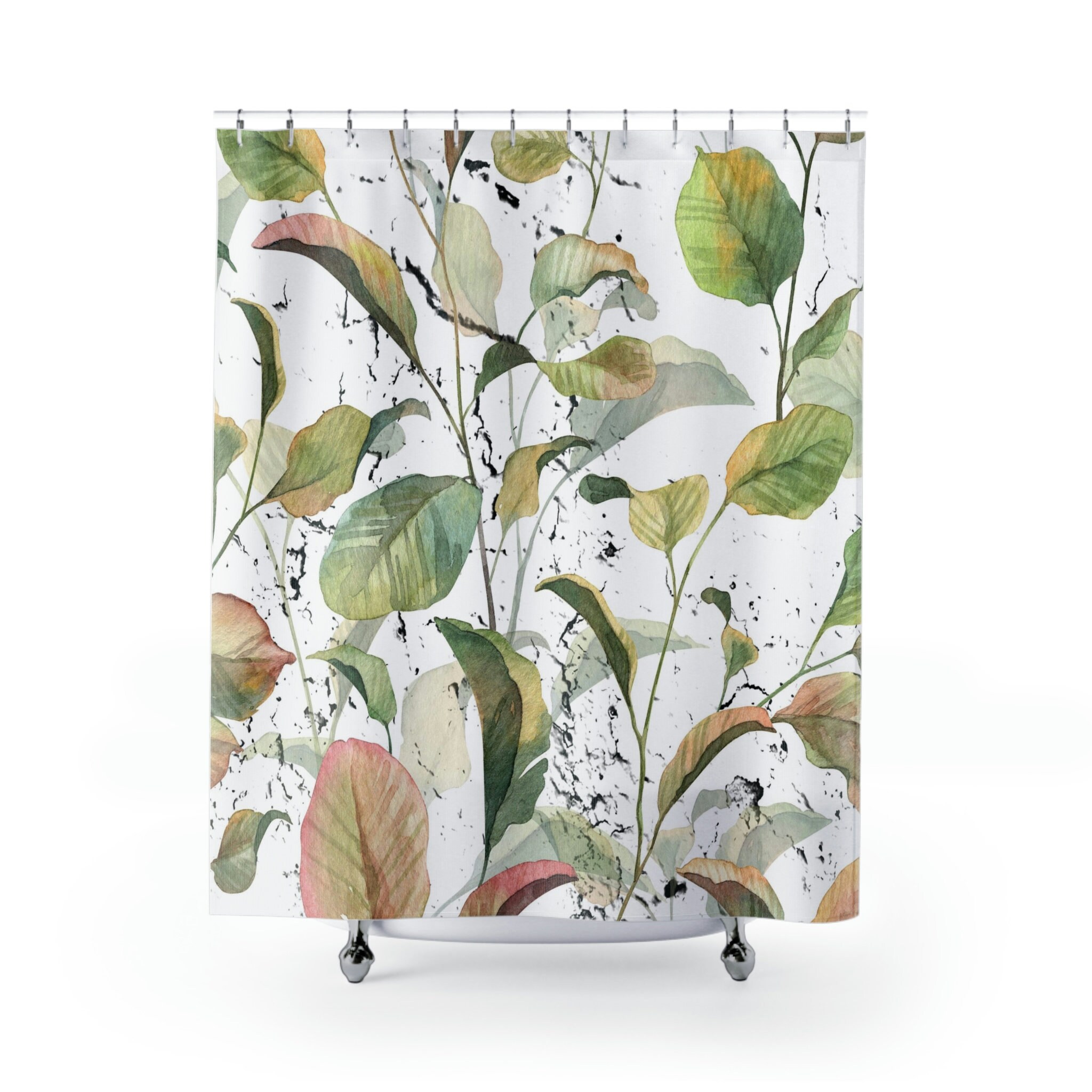 Tropical Floral Boho Shower Curtain With Sage Green And White Watercolors - Image 2
