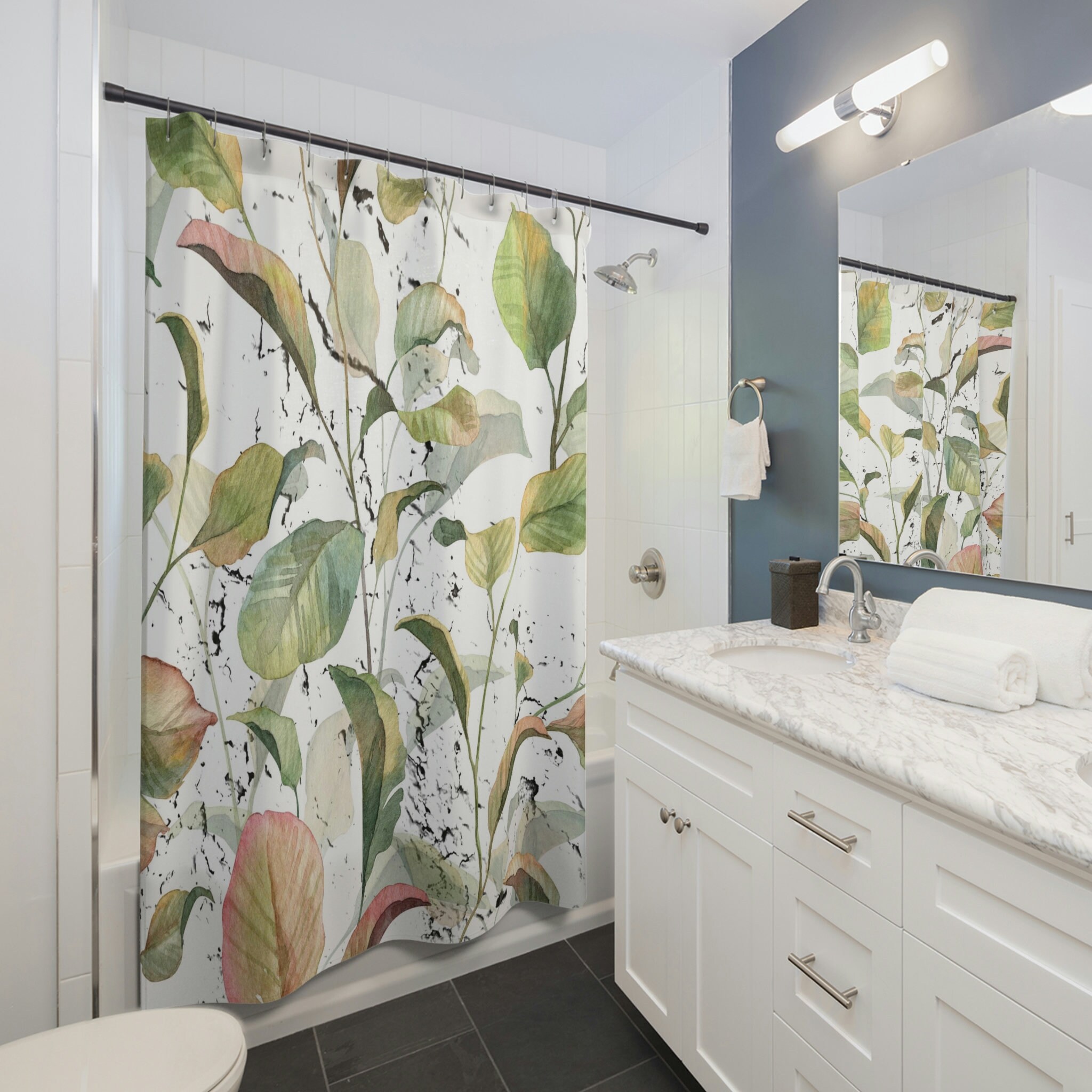 Tropical Floral Boho Shower Curtain With Sage Green And White Watercolors - Image 3