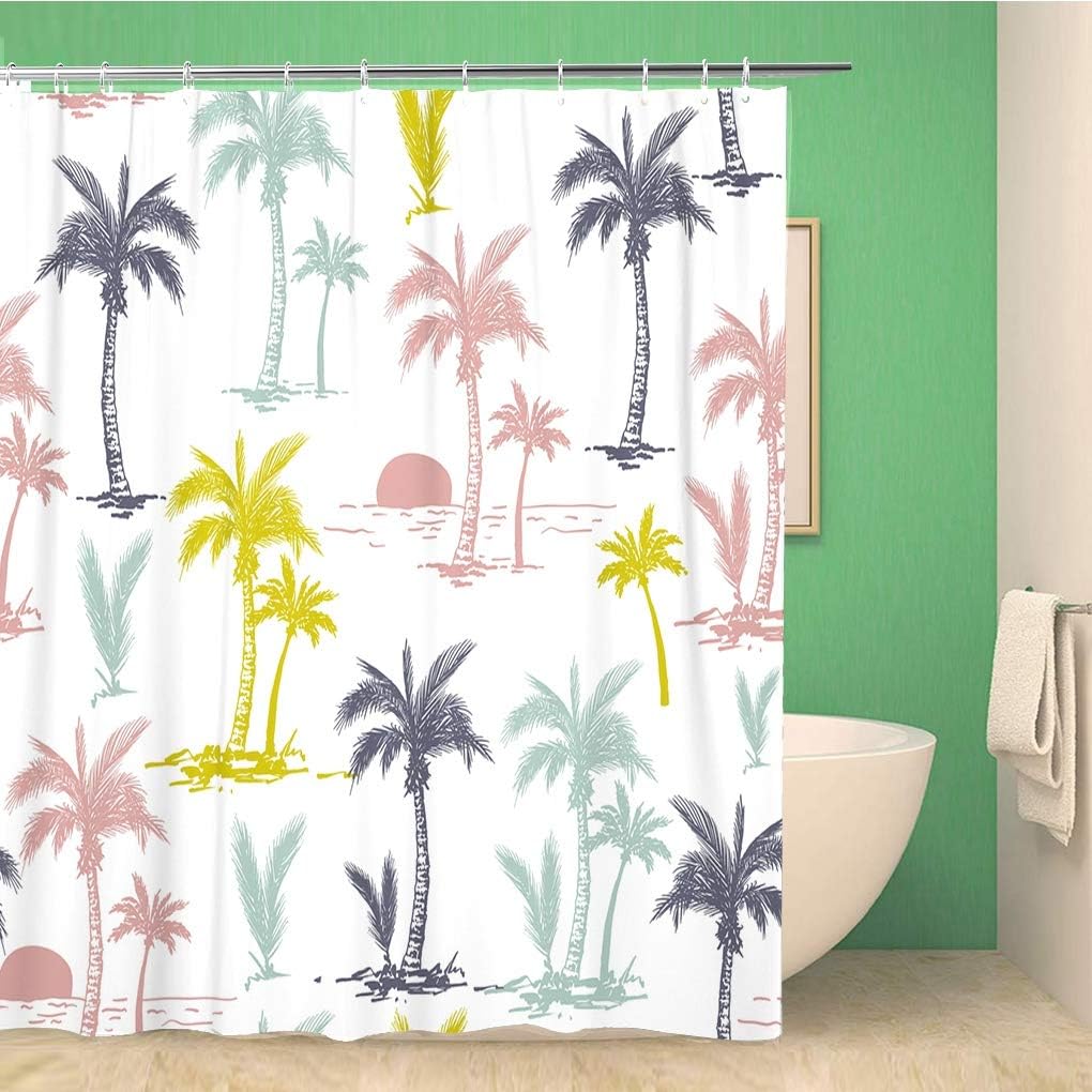Tropical Floral Hawaii Shower Curtain - Beach Of Palm Trees Pattern Retro Bathroom Decor