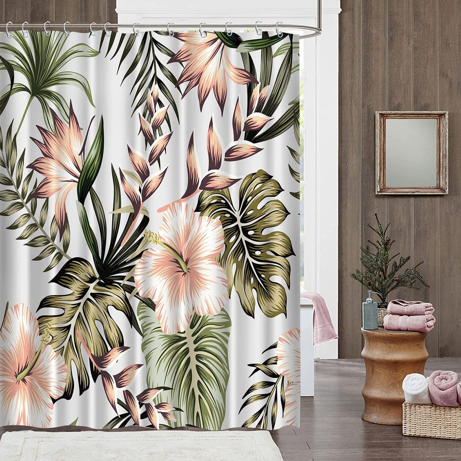 Tropical Floral Palm Leaves Green Shower Curtain for Modern Jungle Bathroom Decor