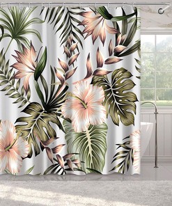 Tropical Floral Palm Leaves Green Shower Curtain for Modern Jungle Bathroom Decor