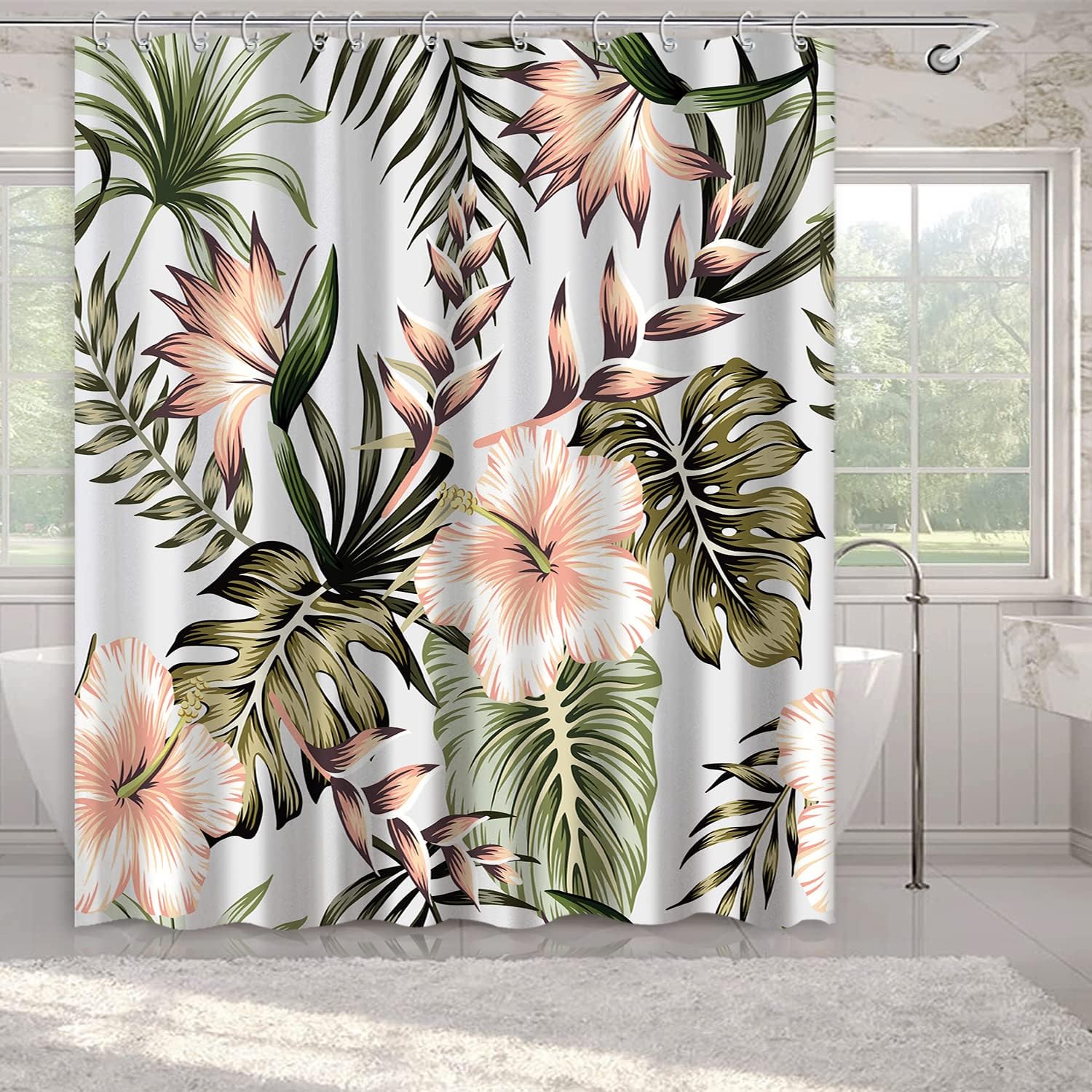 Tropical Floral Palm Leaves Green Shower Curtain for Modern Jungle Bathroom Decor