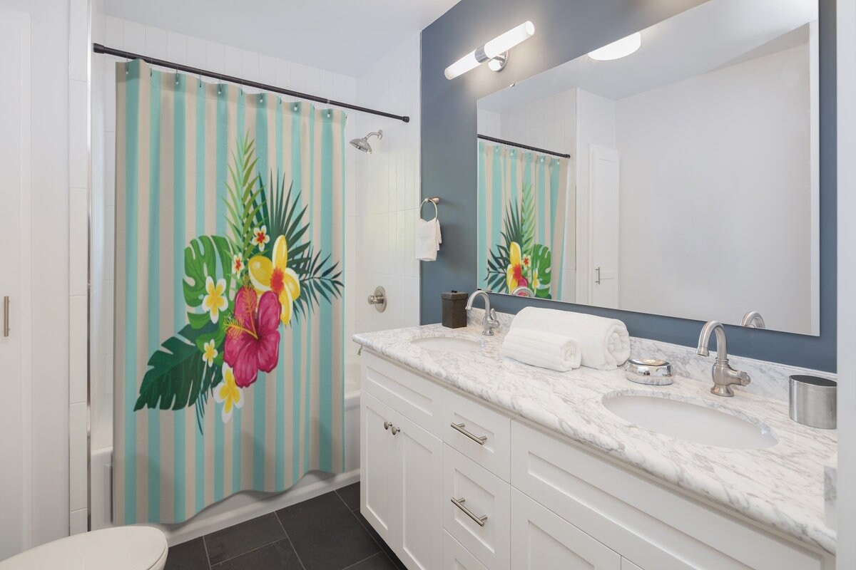 Tropical Floral Stripes Shower Curtain, Vibrant and Floral for Your Botanic Bathroom
