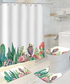 Tropical Flower And Cactus Waterproof Shower Curtain For Bathroom Decor