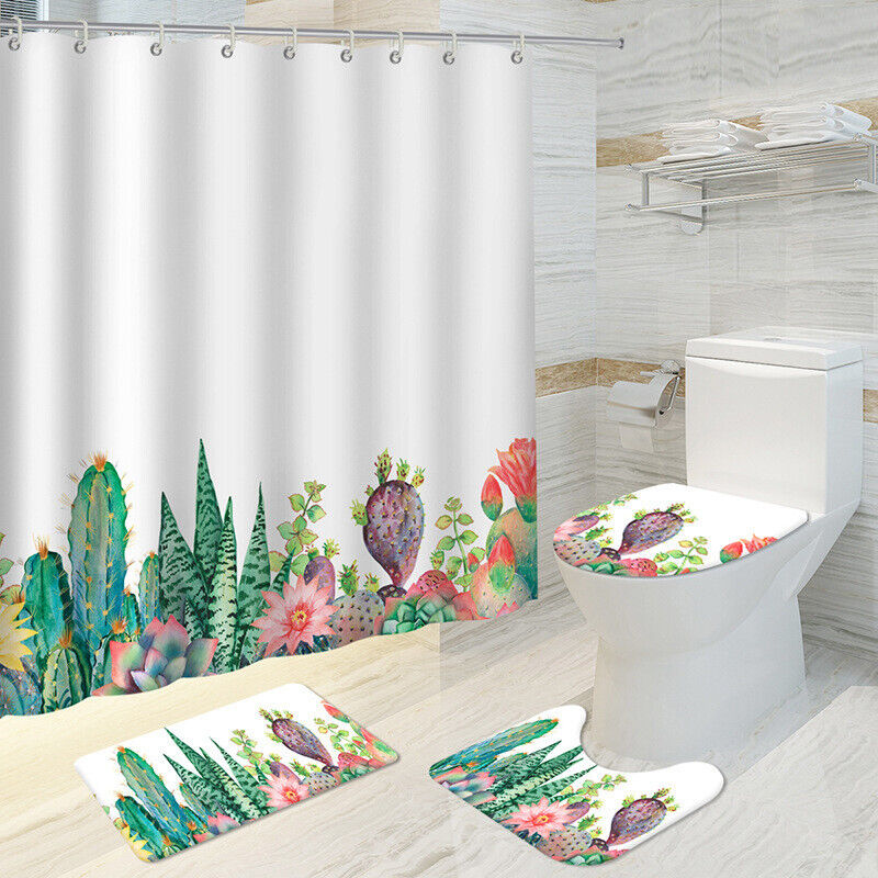 Tropical Flower And Cactus Waterproof Shower Curtain For Bathroom Decor