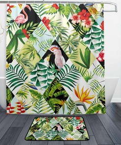 Tropical Flower Parrot Flamingo Decorative Shower Curtain, Waterproof Fabric