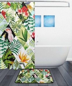 Tropical Flower Parrot Flamingo Decorative Shower Curtain, Waterproof Fabric