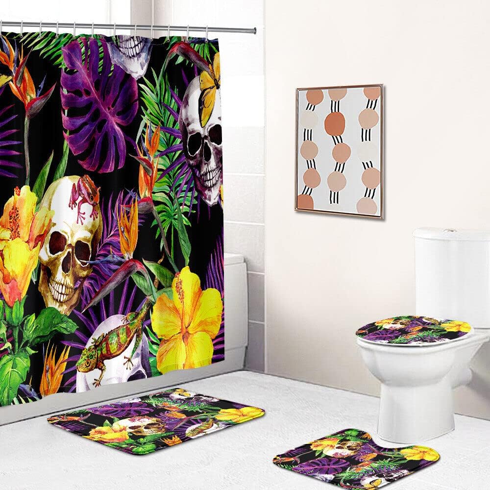 Tropical Flower Plantain Leaves Shower Curtain with Skull and Lizard Motif for Edgy Bathroom Decor
