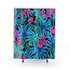 Tropical Flowers On Black Shower Curtain With Beautiful Neon Blue Green Pink Print, Waterproof Fabric