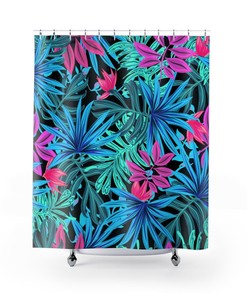 Tropical Flowers On Black Shower Curtain With Beautiful Neon Blue Green Pink Print, Waterproof Fabric
