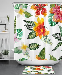 Tropical Flowers Palm Leaves Watercolor Waterproof Fabric Shower Curtain