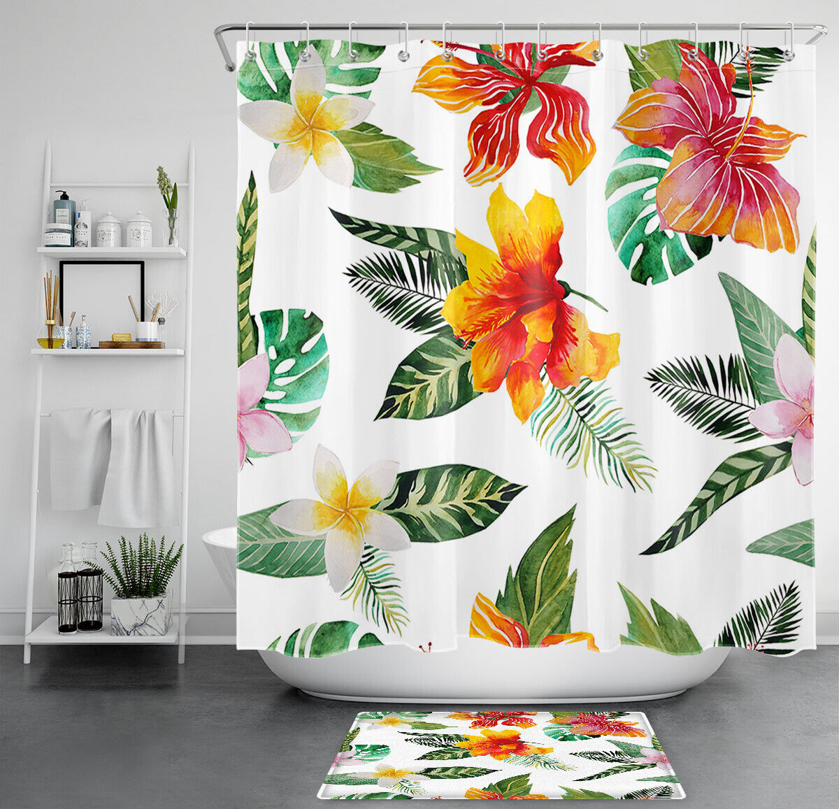 Tropical Flowers Palm Leaves Watercolor Waterproof Fabric Shower Curtain