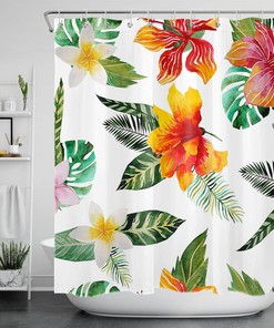 Tropical Flowers Palm Leaves Watercolor Waterproof Fabric Shower Curtain