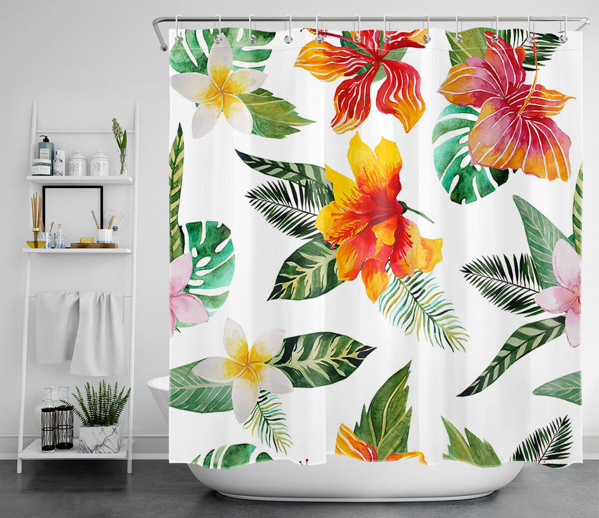 Tropical Flowers Palm Leaves Watercolor Waterproof Fabric Shower Curtain