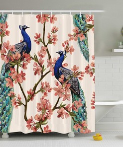 Tropical Flowers with Peacock Pattern Manerly Shower Curtain for Bathroom Decoration